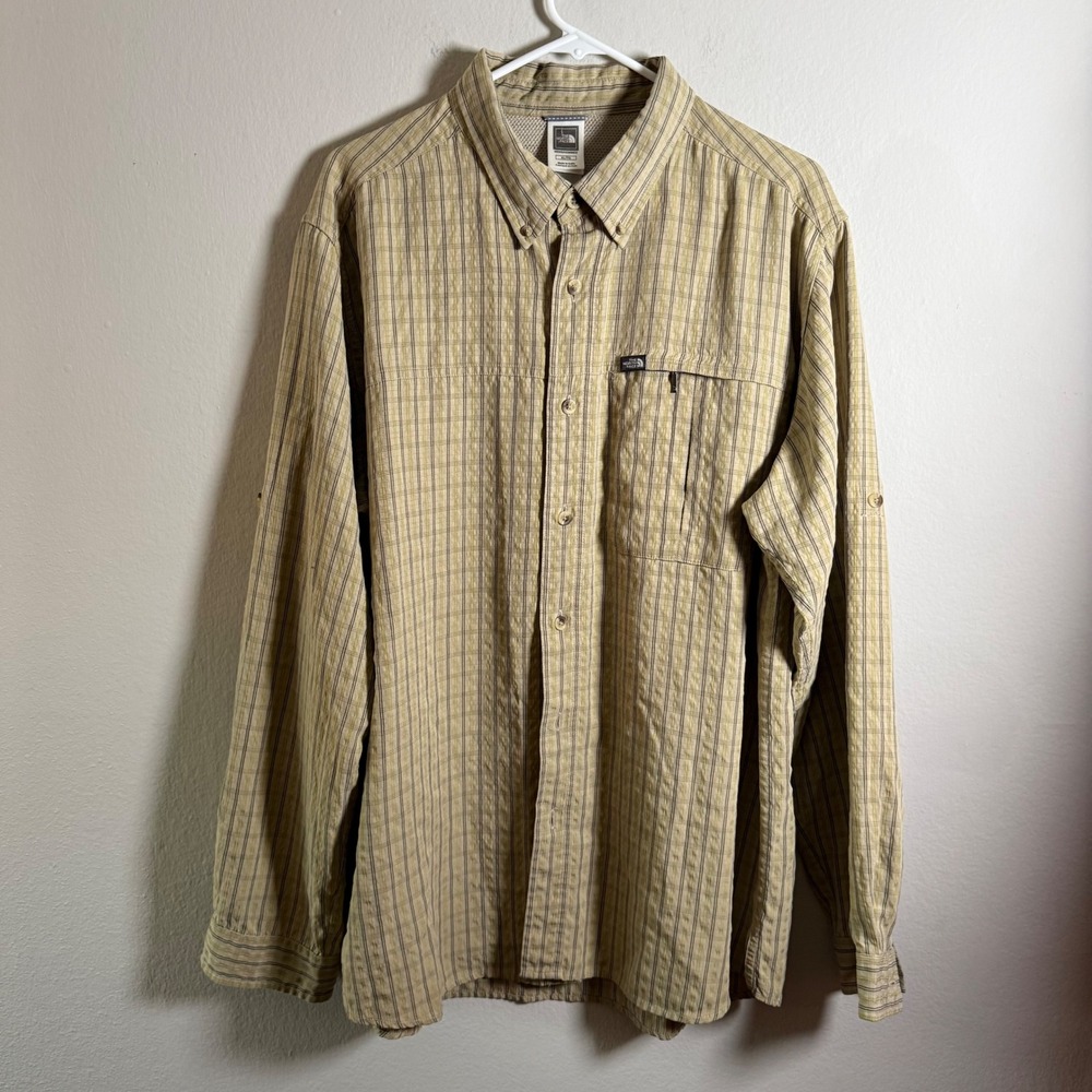 The North Face Mens XL Tan Plaid Long Sleeve Roll Tab Hiking Shirt AP8H
